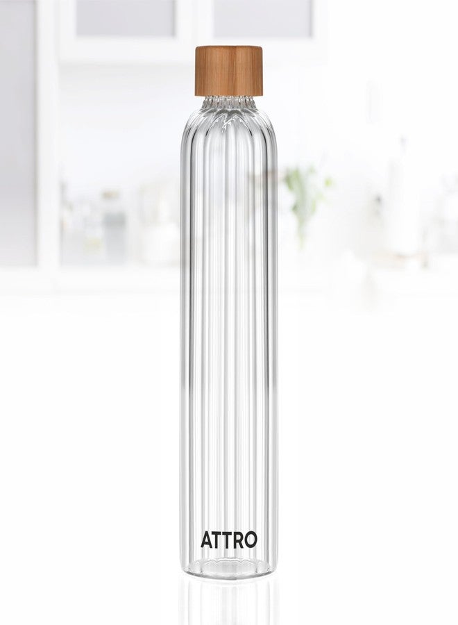 ATTRO Glassox Glacia High Borosilicate Screw Glass Bottle with Bamboo Lid Leakproof Ideal for Office, Travel, Home,Outdoor & Daily Use - Transparent - 750ml - Image 1